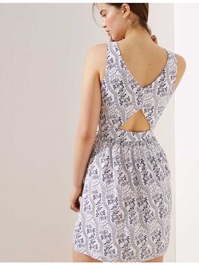 LOFT White Dress with Navy Floral Back Cutout